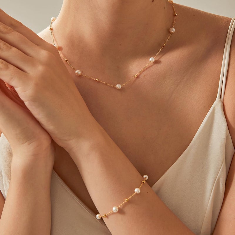 PRTGL Store Pearl Necklace: 14K Gold-Plated/White Gold-plated Pearl Necklace for Women 16.5” + 2” - Image 3